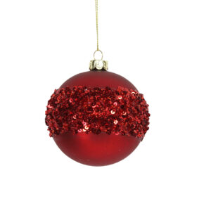 A beautiful, Christmas Red, Glass Christmas Bauble, with a large sequin band round the middle. The sequin band is red sequins, and uses the whole middle of the bauble. Above and below is a Matt Christmas Red -the same red as the sequins.