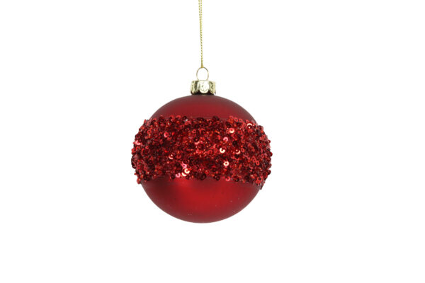 A beautiful, Christmas Red, Glass Christmas Bauble, with a large sequin band round the middle. The sequin band is red sequins, and uses the whole middle of the bauble. Above and below is a Matt Christmas Red -the same red as the sequins.