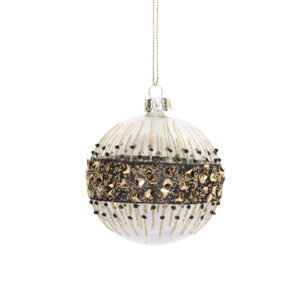 White Christmas bauble, 8cm diameter with a black and gold sequin, bead and big glitter, middle band. The band is black sparkly glitter, with gold chunky glitter on top. Circling around the top and bottom of the band is little black glitter bead bits about 3 millimetres apart. A Glass, Gisela Graham bauble