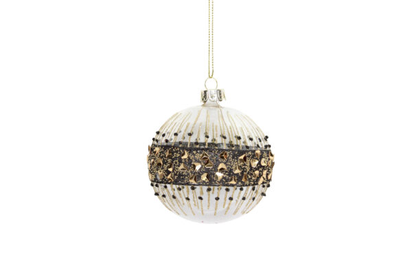 White Christmas bauble, 8cm diameter with a black and gold sequin, bead and big glitter, middle band. The band is black sparkly glitter, with gold chunky glitter on top. Circling around the top and bottom of the band is little black glitter bead bits about 3 millimetres apart. A Glass, Gisela Graham bauble