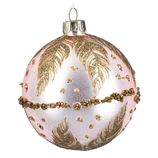 Baby pink, matt but shiny Christmas bauble, with a gold bead detail around the middle - its a thin uneven, textured line - together with a beautiful full gold feather design around bothe ends of the bauble - about 6 feathers detail around both the top and the bottom. 8cm