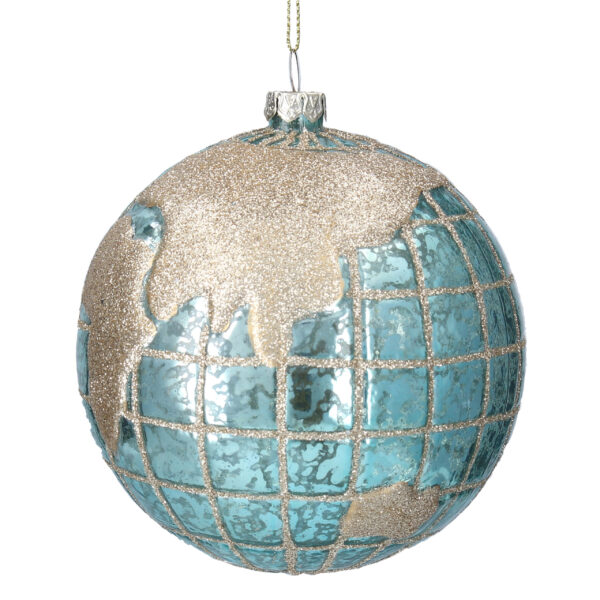 This fabulous glass bauble is a model of the planet Earth. The water is a gorgeous metallic light teal blue with the land and Merdians and Parallels in gold glitter.