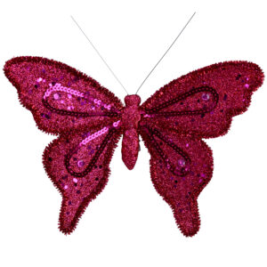 With a span of 10cm's, this fuscia pink fabric butterfly is designed to clip on to your tree, curtain, garland etc, with a single silver sliding clip at the back. The butterfly is all fuscia, - it is shaded using beads and sequins throughout the whole design. A very attractive, very sparkly butterfly.