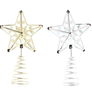 Two star shaped Christmas tree toppers, one Gold, one Silver, on a white background.