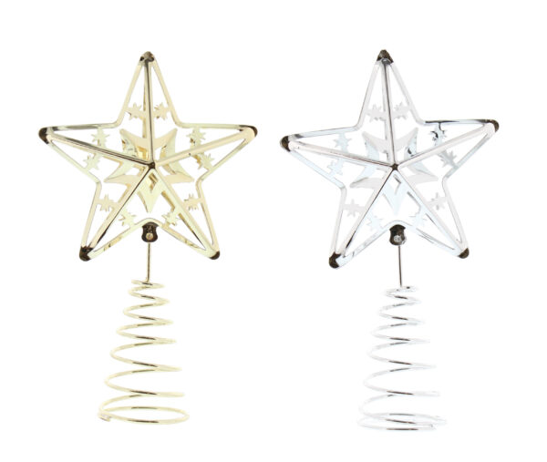 Two star shaped Christmas tree toppers, one Gold, one Silver, on a white background.