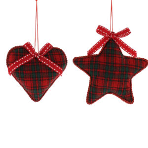 Two red and green tartan heart and star ornaments hanging on a white background.