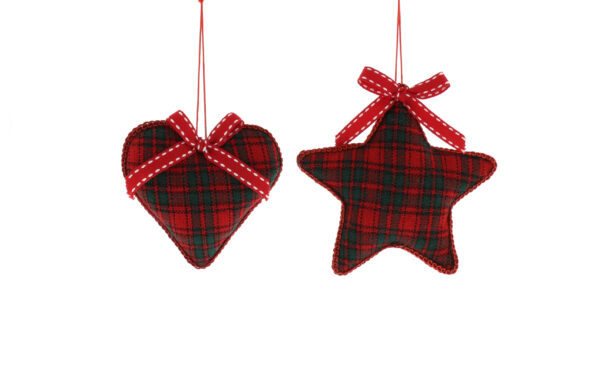 Two red and green tartan heart and star ornaments hanging on a white background.