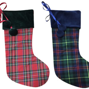 Two plaid christmas stockings on a white background.