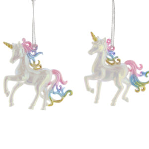 Two unicorn ornaments hanging on a white background.