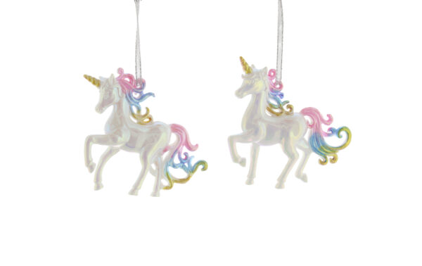 Two unicorn ornaments hanging on a white background.