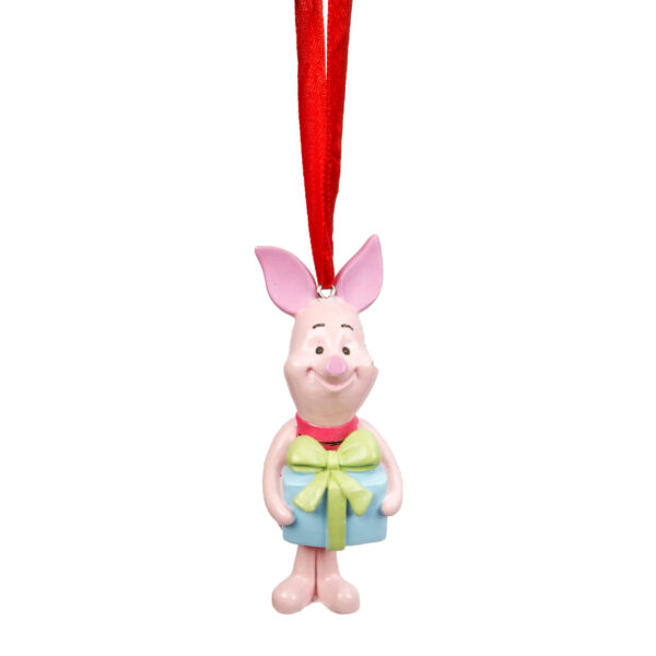 Piglet is a cartoon character from Disney's Winnie the Pooh. He is Pink and where's a darker pink all in one sleeveless baby grow. In this decoration he is carrying a pale blue parcel that is nearly as big as his body and has a pale green bow on the top, and ribbon round each side. This piglet decoration is made of resin, is about 8cms tall, and is suspended from the tree using a red ribbon.