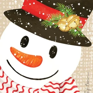 A Crafty Snowman fragranced Scent Sachet. A happy snowman with black eyes and mouth with an orange carrot for a nose wears a black top hat decorated with a red band with a festive foliage sprig and two gols bells. Arounf its neck it wears a red and white scarf.