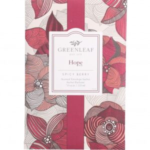 A Hope fragrance Scent Sachet. The main body of the sachet features a stylised image of flowers in varying shade of red, burgundy, pale orange and cream. A wide red stripe runs vertically down the centre and on top of this sits a white box containg the Greenleaf Logo and below that text that reads 'Hope, SPICY BERRY' on two lines in black text.