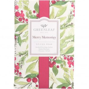 A Merry Memories fragrance Scent Sachet. The main body of the sachet features a watercolour image of festive foliage with red berries on a pale green background. A wide red stripe runs vertically down the centre and on top of this sits a white box containg the Greenleaf Logo and below that text that reads 'Merry Memories, SPICED PEAR' on tow lines in black text.