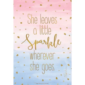 A fragrant scent sachet scent sachet entitled 'She leaves a little Sparkle wherever she goes'. The background is a pink and blue horizontal ombre with the text 'She leaves a little Sparkle wherever she goes' on top in gold. The text is surrounded by dots of the same gold colour.