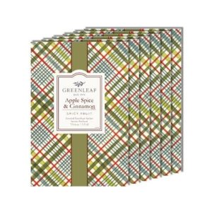 A background of green, red, teal and lime tartan with a vertical banner of apple green. On top of the banner sits the logo for the Greenleaf Fragrance Company. Beneath the logo the text reads 'Apple Spice & Cinnamon SPICY FRUIT Scented Envelope Sachet Sachet Parfum 7.0 cu. in. 115ml'.