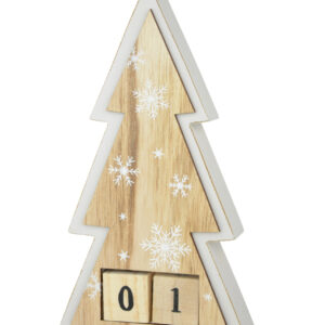 Wooden tree shaped advent calendar with removable number blocks and snowflake decoration.