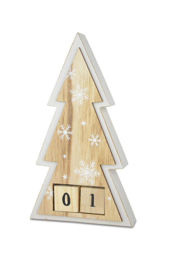 Wooden tree shaped advent calendar with removable number blocks and snowflake decoration.