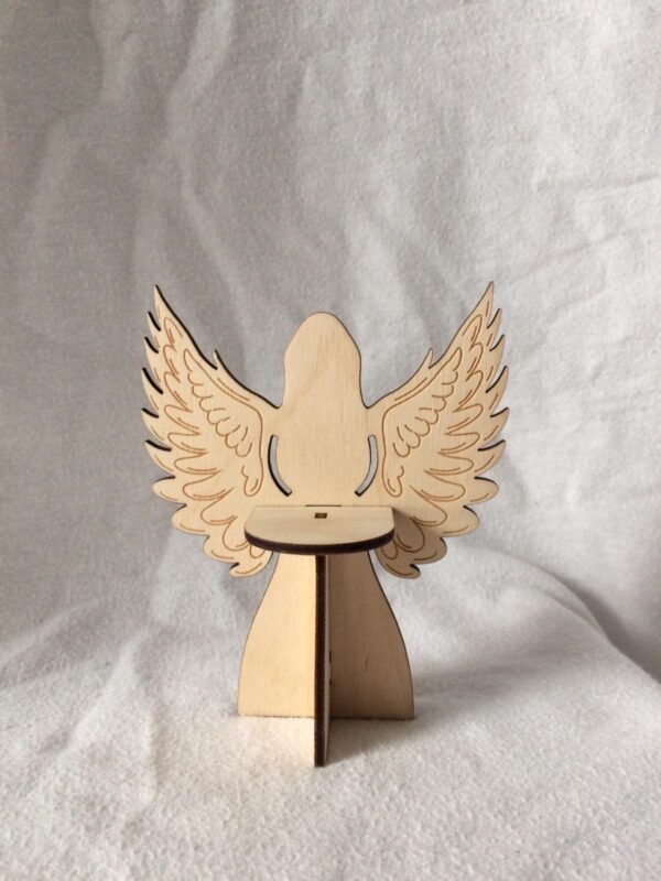 A 3D laser cut wooden angel with open wings tea light holder.