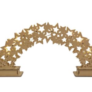 A light up wooden arch made of stars.