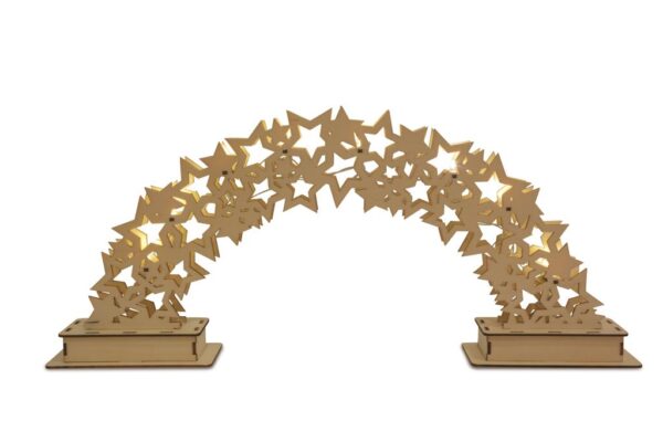 A light up wooden arch made of stars.