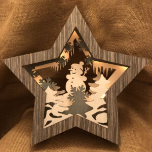 A Grey wooden, light-up star with Snowman detail.