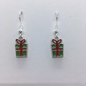 A pair of Parcel gift charm earrings with a gift box on them.