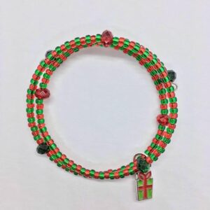 A Red & Green beaded bracelet with parcel charm.