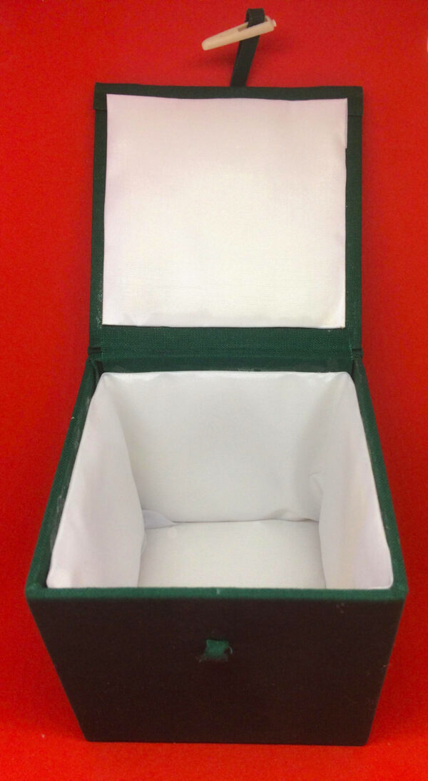 A white satin lined, padded green box for Handpainted Baubles .