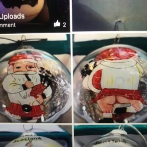 Beautiful handpainted glass bauble, decorated with a cheeky kilted Scottish Santa Claus on it. On the front he is seen playing his bagpies but on the reverse he can be seen flashing his bum!