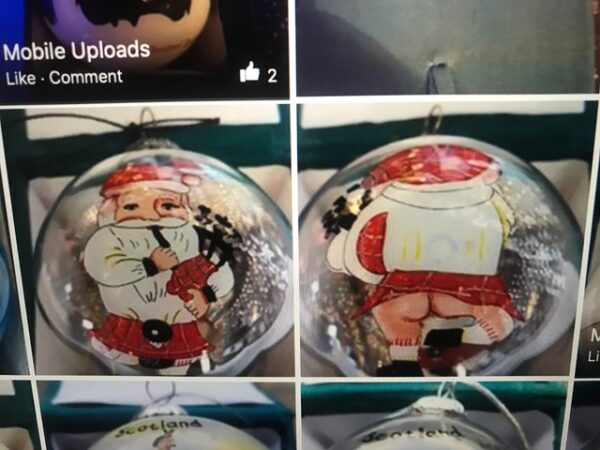 Beautiful handpainted glass bauble, decorated with a cheeky kilted Scottish Santa Claus on it. On the front he is seen playing his bagpies but on the reverse he can be seen flashing his bum!