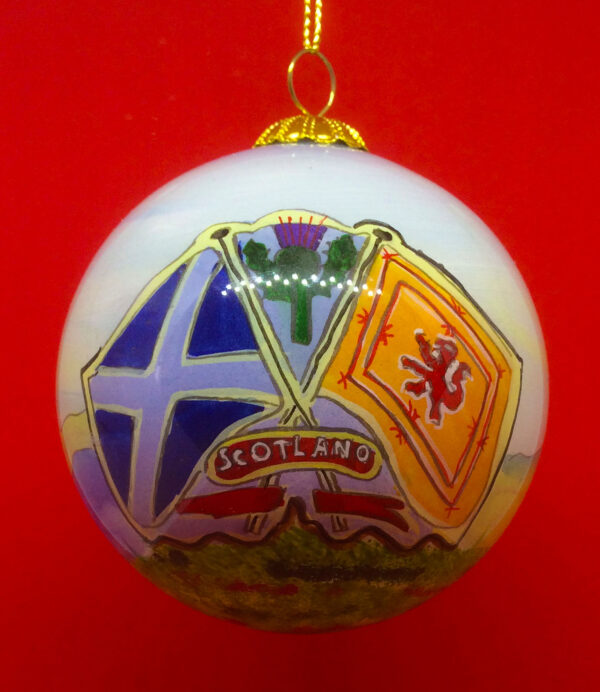 A beautiful handpainted bauble, decorated with the two flags of Scotland. The Saltire on the left and the Lion Rampant on the right. Their poles are crossed and the word 'SCOTLAND' sits in a banner across the middle. Between the flags sits the national flower of Scotland, a Thistle.