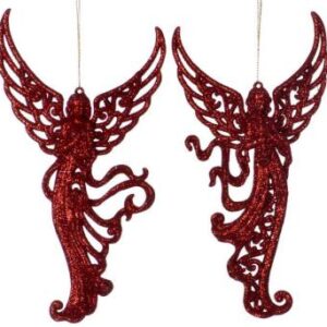 Two plastic filigree style red glitter angel hanging decorations shown on a white background. The angel on the left has a solid skirt while the one on the right had filigree detail. Both hang from gold strings.