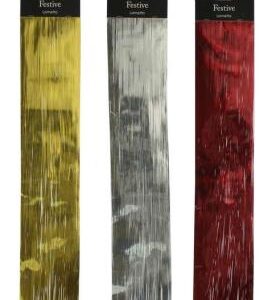 Three individual packets of Lametta tinsel - shown in gold, silver and red.