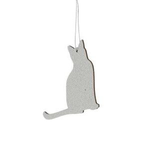 A silver, laser cut cat hanging from a string on a white background.