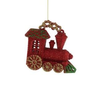 A plastic train ornament decorated completely in red, gold and green glitter hanging on a white background.