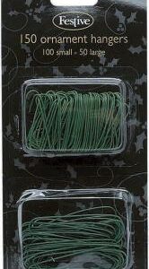 A pack of 150 green ornament hangers. The pack is divided into two sizes, 100 small and 50 large.