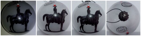 Four different images of a beautiful handpainted bauble, featuring the Iconic Duke of Wellington statue on Glasgow with his Traditional traffic cone on his head.