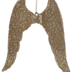 A gold glitter Angel wings, gold, (14cm) ornament on a white background.