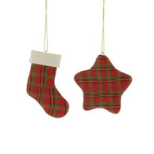 Two claydough tartan hanging decorations. The one on theleft is a stocking with a white trim and hangs on a gold thread. The one on the right is a five pointed star and hangs on a gold thread.