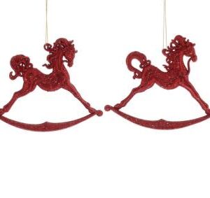 Two red rocking horse ornaments on a white background.