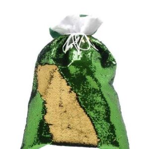 A Reversible Green and Gold Reversible Sequin Santa Sack, (70cm) bag with a bow.