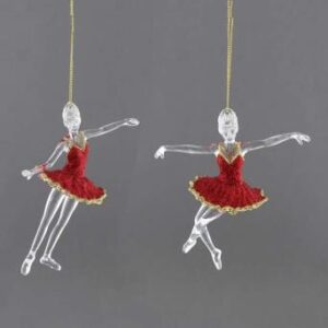 Two clear acrylic ballerina Christmas tree decorations with Red and Gold glitter dresses hanging on gold threads.