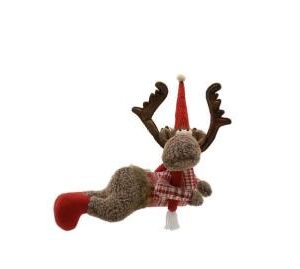 A plush Reindeer in lying pose, wearing a red and white jumper (40cm) ornament with a red hat and scarf.