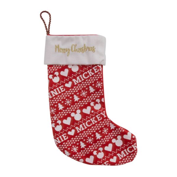 Disney Mickey Mouse red & white stocking. The body of the stocking is red with white printed text that reads 'MINNIE' AND 'MICKEY' running across it in white along with nordic style decorations featuring trees, hearts, snowflakes and the iconis mickey mouse head shape. the cuff of the stocking it white with the words 'Merry Christmas' embroidered across it in a gold script font. there is a gold cord for hanging it up.