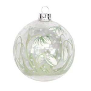 A clear glass Christmas bauble decorated with beautiful white snowdrops with accents of pale green glitter and white dots.