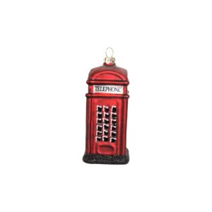 A blown glass Christmas tree decoration depicting the iconic British Red Telephone Box. The box is finished in a metallic red paint with black windows with white detail and the base has black glitter. The white window at the top has the word 'TELEPHONE' in blacck lettering.