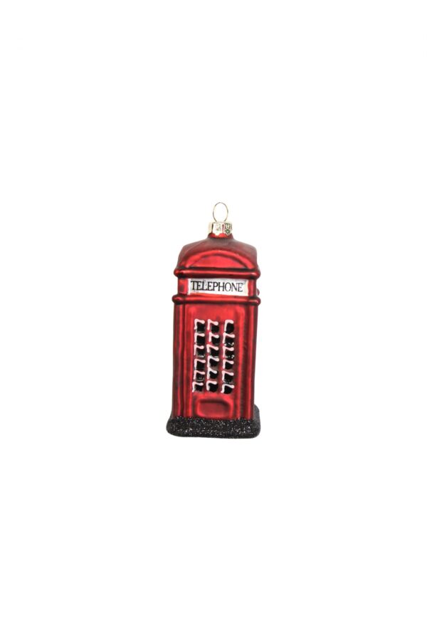 A blown glass Christmas tree decoration depicting the iconic British Red Telephone Box. The box is finished in a metallic red paint with black windows with white detail and the base has black glitter. The white window at the top has the word 'TELEPHONE' in blacck lettering.