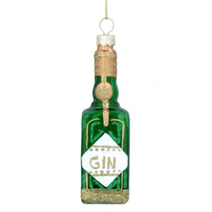 A green glass Gin bottle Christmas tree decoration with matt gold and white paint decoration andd green and gold glitter decoration and the word 'GIN' in gold glitter on the front.