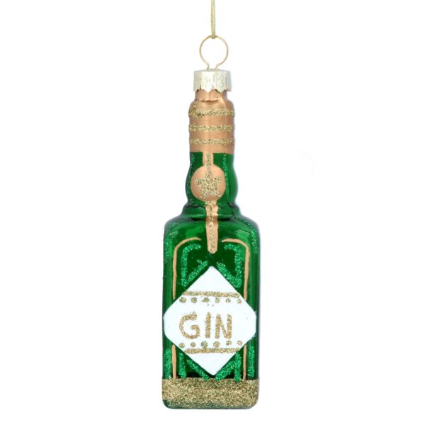 A green glass Gin bottle Christmas tree decoration with matt gold and white paint decoration andd green and gold glitter decoration and the word 'GIN' in gold glitter on the front.